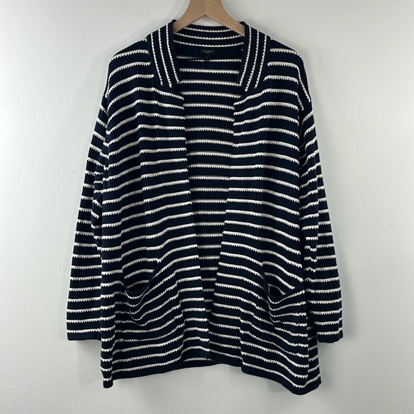 Talbots Cashmere Blend Navy White Open Front Textured Cardigan Sweater Size 2xP - Picture 1 of 12